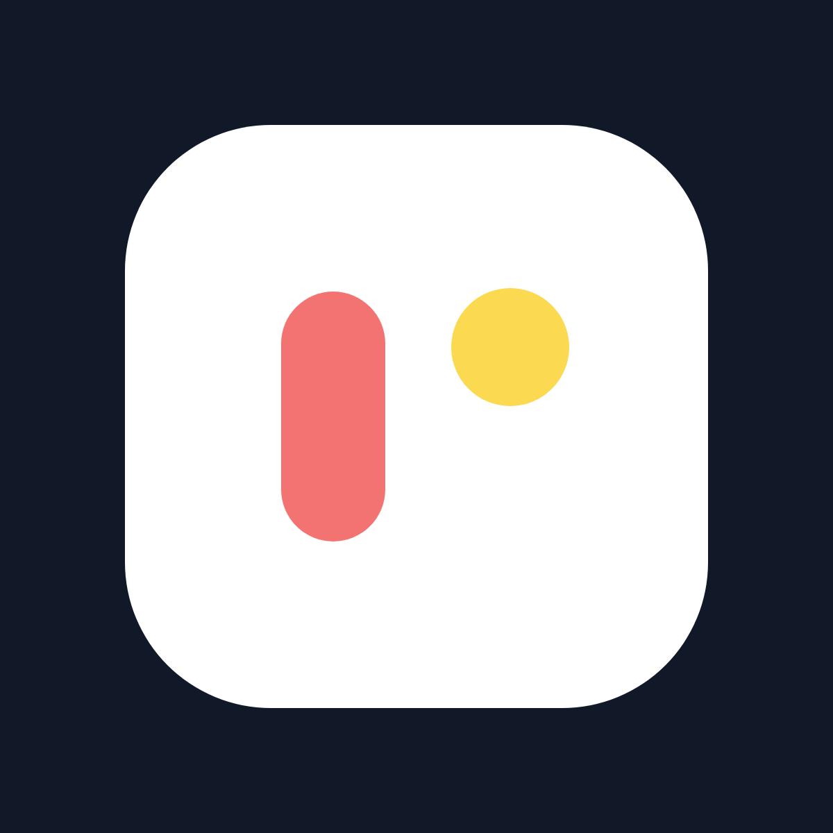 Rubiic's flat geometric mark: a white block, red capsule and yellow circle on a dark navy background.